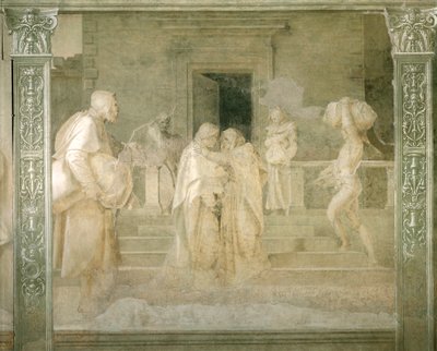 Bezoek van de Maagd aan Elizabeth, detail van Verhalen van de Maagd door Andrea del Sarto, fresco in monochroom, Klooster van Scalzo, Florence door Andrea del Sarto