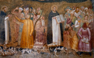 Triomf van de militante kerk: Thomas van Aquino voor de ketters en rechtsonder Fra Dolcino verscheurt de officiële leer van de kerk. Kapel van de Spanjaarden (detail van de fresco, 1365) door Andrea di Bonaiuto (fl.1343 77)