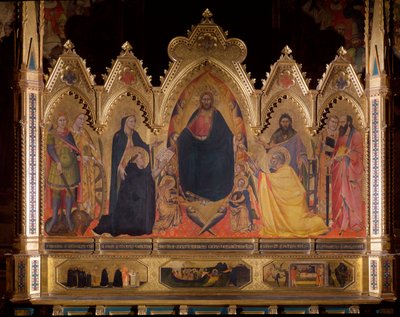 Maesta die Jezus op de troon voorstelt met St. Michael, Maria en St. Thomas van Aquino, St. Johannes de Doper, St. Petrus, St. Laurentius en St. Paulus door Andrea di Cione Orcagna