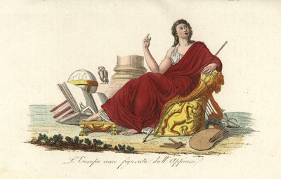Allegorische figuur van Europa zittend op een troon in een paarse mantel met boeken, globe, palet, scepter, lier en uil door Andrea the Elder (after) Appiani