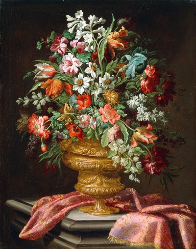 Bloemen in een gebeeldhouwde urn op een gedrapeerde stenen sokkel door Andrea the Elder Scacciati