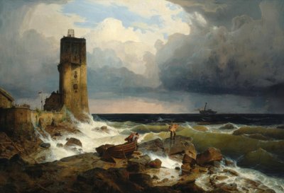A. Achenbach, Grote marine met vuurtoren door Andreas Achenbach