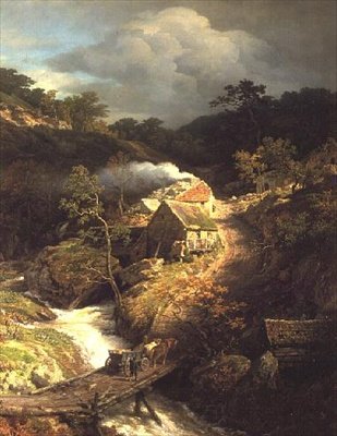 Een bergachtig landschap met een stroom door Andreas Achenbach