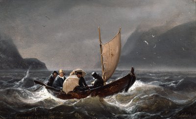 Kunstenaars in stormachtig weer in Sognefjorden door Andreas Achenbach