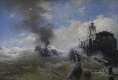 Een sleepboot verlaat de haven van Oostende bij vloed. 1878 door Andreas Achenbach