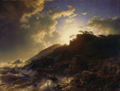 Frans: Coucher de soleil après une tempête sur la côte de la Sicile Zonsondergang na een storm aan de kust van Sicilië door Andreas Achenbach
