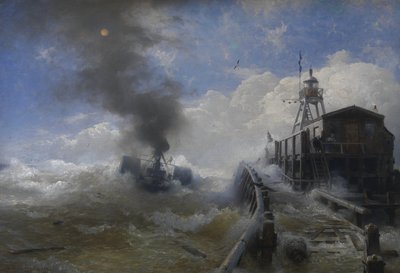 Duits: Ein Schlepper verlässt den Hafen von Ostende bei Flut Sleepboot verlaat de haven van Oostende op hoogtijdagen door Andreas Achenbach