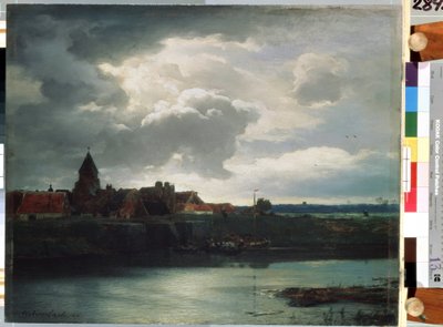 Dorp landschap aan een rivier door Andreas Achenbach