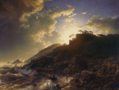 Zonsondergang na een storm aan de kust van Sicilië door Andreas Achenbach