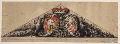 Heraldiek ontwerp ingesloten in een driehoekige fronton door Andreas Bodan II
