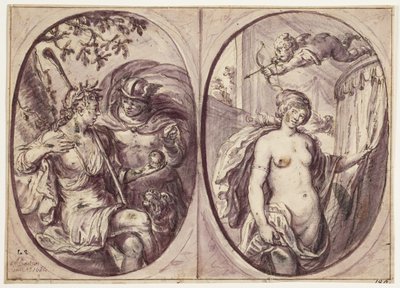 Twee ovale composities op één blad. Links zit een herderin (Diana?) met een staf en een hond aan haar zijde. Ze houdt een appel vast, die Mercurius in een mantel lijkt te hebben gebracht; daarop staat: 