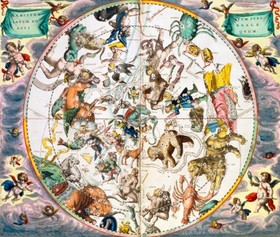 Hemels planisfeer met de tekens van de dierenriem, 1660-1661 door Andreas Cellarius
