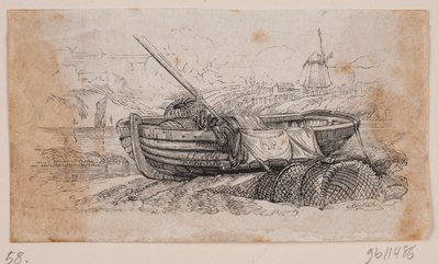 Vignet. Vissersboot op het land getrokken door Andreas Flinch