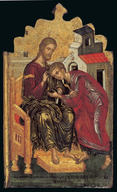 St. Johannes de Theoloog Ontvangt de Zegen van Christus (linker paneel van een drieluik) door Andreas Rico