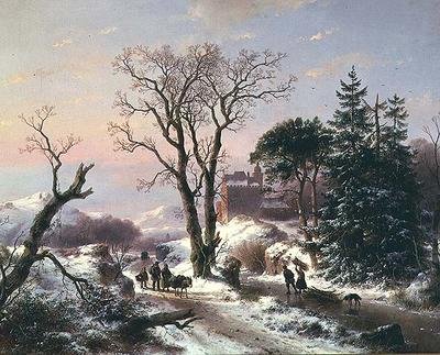 Een bebost rivierlandschap met boeren op een pad en een kasteel in de verte door Andreas Schelfhout