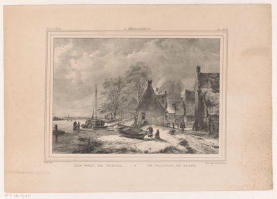 Bevroren rivier bij dorp door Andreas Schelfhout