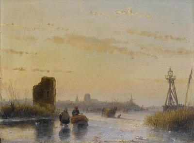 Figuren op een bevroren waterweg door Andreas Schelfhout
