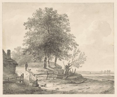 Landschap met een huisje op een heuvel door Andreas Schelfhout
