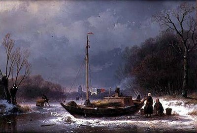 Boeren bij een Boot op een Bevroren Rivier door Andreas Schelfhout