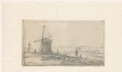 Schets van een landschap met links een molen door Andreas Schelfhout