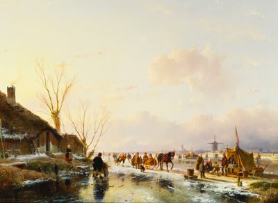 Schaatsers bij een kraam op een bevroren rivier, 1850 door Andreas Schelfhout