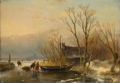 Winterscène op het ijs met houtverzamelaars door Andreas Schelfhout