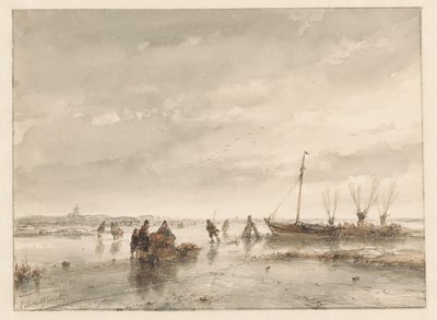 Winterlandschap met bevroren meer door Andreas Schelfhout