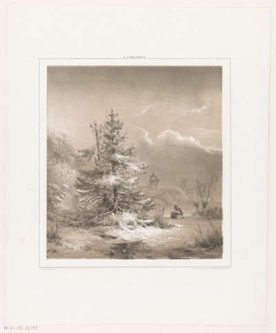 Winterlandschap met naaldbomen en man met slee door Andreas Schelfhout