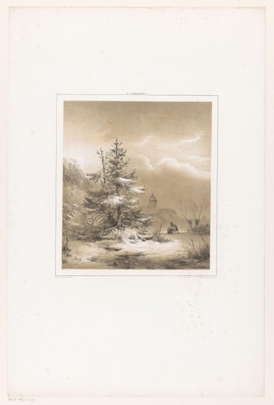 Winterlandschap met naaldbomen en man met slee door Andreas Schelfhout