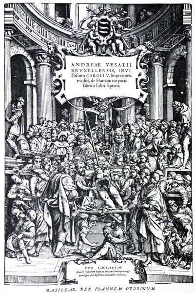 Titelpagina van de tweede editie van De Humani Corporis Fabrica, Plaat 3, 1555 door Andreas Vesalius