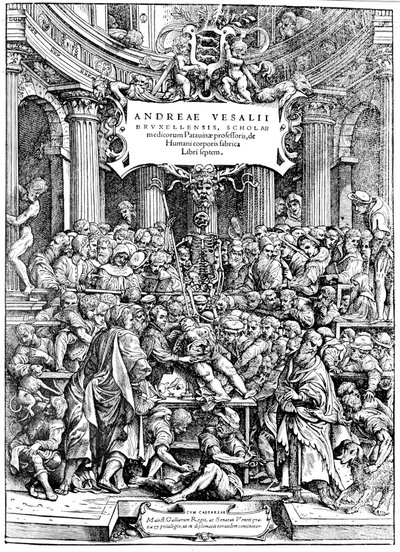 Titelpagina van Andreas Vesalius De Humani Corporis Fabrica, toont Vesalius die een lichaam ontleedt, 1543 door Andreas Vesalius