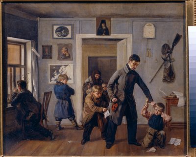 Op school. Een meester van een plattelandsschool pakt een jongen bij zijn oor, in de klas waar andere jongens kattenkwaad uithalen en grimassen trekken door Andrei Andreevich Popov