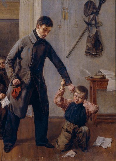 Op school. Een meester van een plattelandsschool pakt een jongen bij zijn oor, in het klaslokaal waar andere jongens kattenkwaad uithalen en grimassen trekken. Detail door Andrei Andreevich Popov
