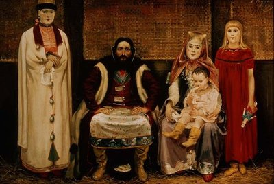 Een koopman en zijn familie in de zeventiende eeuw door Andrei Petrovich Ryabushkin