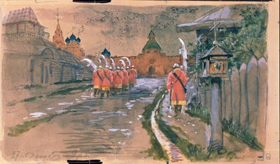 Patrouille van strelets bij de Ilyinsky-poort in het oude Moskou door Andrei Petrovich Ryabushkin