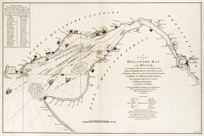 Een kaart van Delaware Bay en rivier, met een volledige en exacte beschrijving van de kusten, kreken, havens, dieptes, zandbanken en oriëntatiepunten, van de Capes tot Philadelphia door Andrew & Haydon W. Dury
