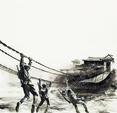 De slag om Luding Bridge (gouache op papier) door Andrew Howat