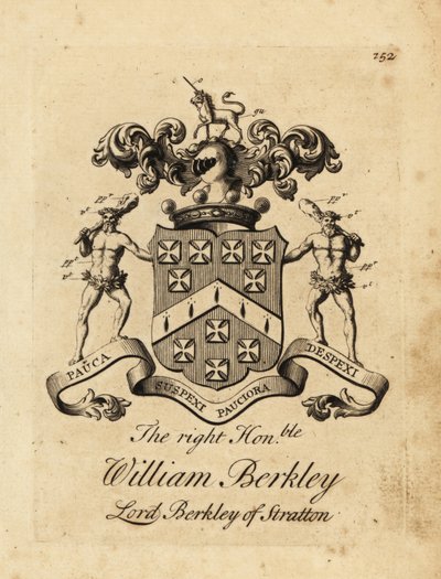 Wapen van de Zeer Eerwaarde William Berkley, Lord Berkley van Stratton, 4e Baron Berkeley van Stratton, overleden 1741 door Andrew Johnston