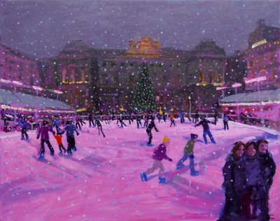 Kerstschaatsen, Somerset House met roze lichten, 2014 door Andrew Macara