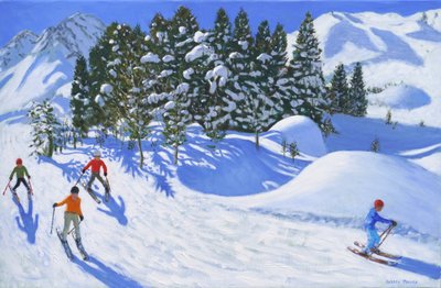 Vier Alpine Skiërs, 2024, (olieverf op doek) door Andrew Macara