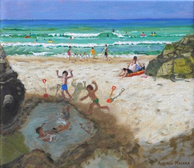 Plezier in het zeebad, St Ives, 2024 (olieverf op doek) door Andrew Macara
