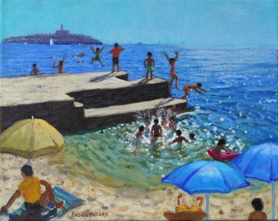 Springen in zee, Rovinj, Kroatië, 2024 (olieverf op doek) door Andrew Macara