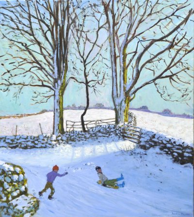 Grote bomen en sleeën, Derbyshire, 2023 (olieverf op doek) door Andrew Macara