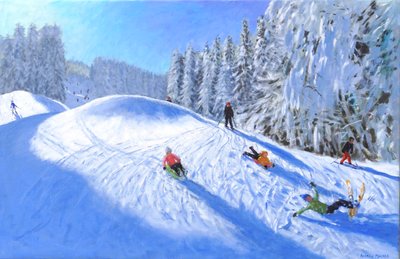 Skiën in Morzine, Frankrijk, 2023 (olieverf op doek) door Andrew Macara