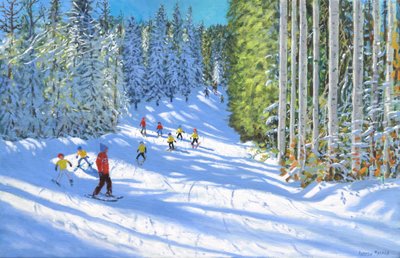 Skiën in Samoens, Frankrijk, 2019 (olieverf op doek) door Andrew Macara