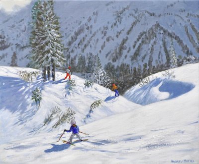 Drie skiërs, Kitzbuehel, Oostenrijk, 2024 (olieverf op doek) door Andrew Macara