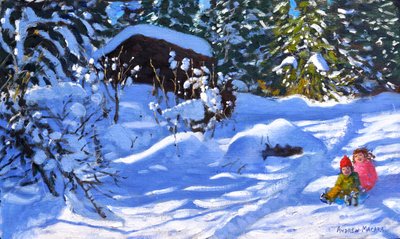 Twee op een slee, De Boomgaard, Morzine door Andrew Macara
