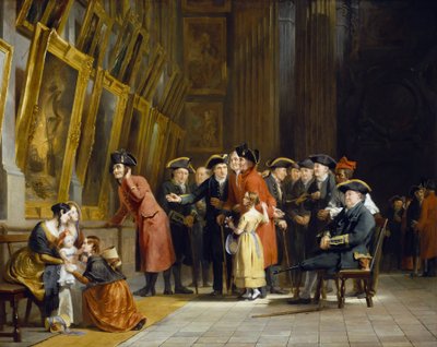 Een bijeenkomst van veteranen van het Britse leger en de marine, die dienden onder Horatio Nelson (1758-1805): Chelsea bewoners (gekleed in rood) en Greenwich Hospital (gekleed in blauw) bezoeken de marineschilderijgalerij in Greenwich Hospital door Andrew Morton