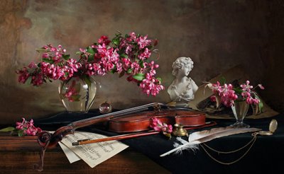 Vioolstilleven met bloesems door Andrey Morozov