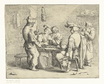 Drie boeren en een vrouw aan een tafel in een bordeel door Andries Both